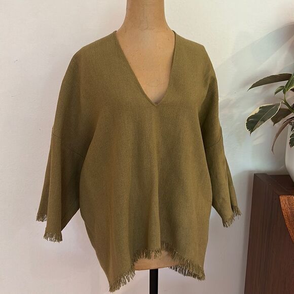 Doen sz XS/S oversized (could fit up to large) green raw edge 100% silk Tate top - Picture 1 of 8
